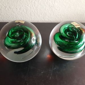 Signed Marian Pyrcak MP Poland 5" Green Swirl Art Glass Paperweight Set of 2.